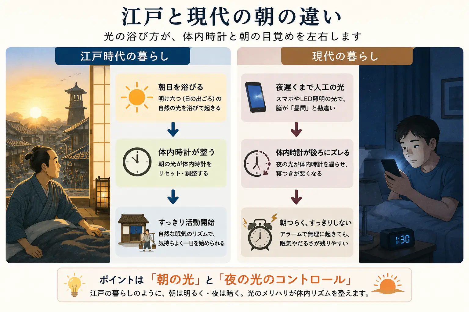 江戸時代と現代の朝の違い|朝の光と体内時計の関係を比較した図解