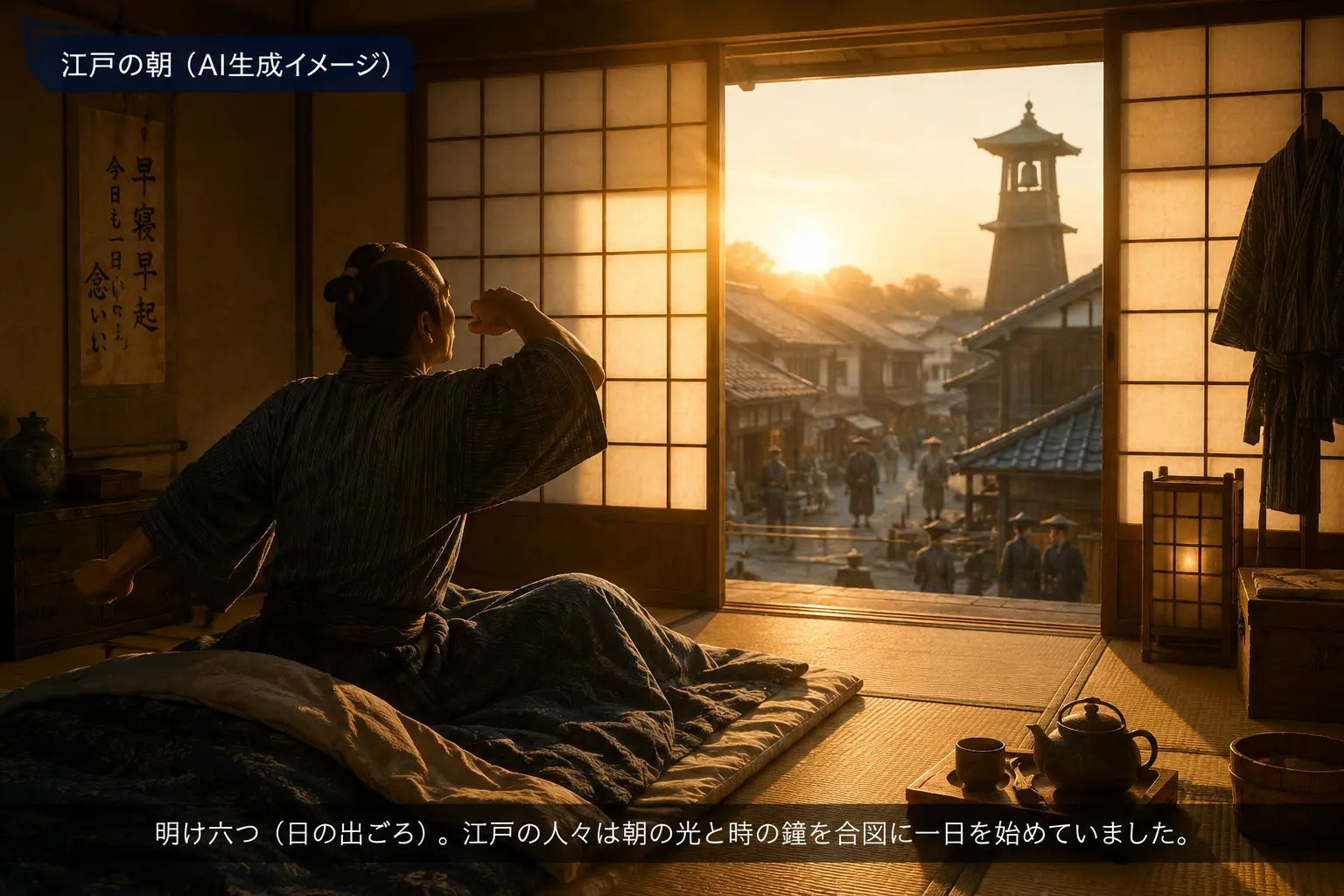 江戸時代の朝の風景|明け六つの光で目覚める町人(AI生成イメージ)